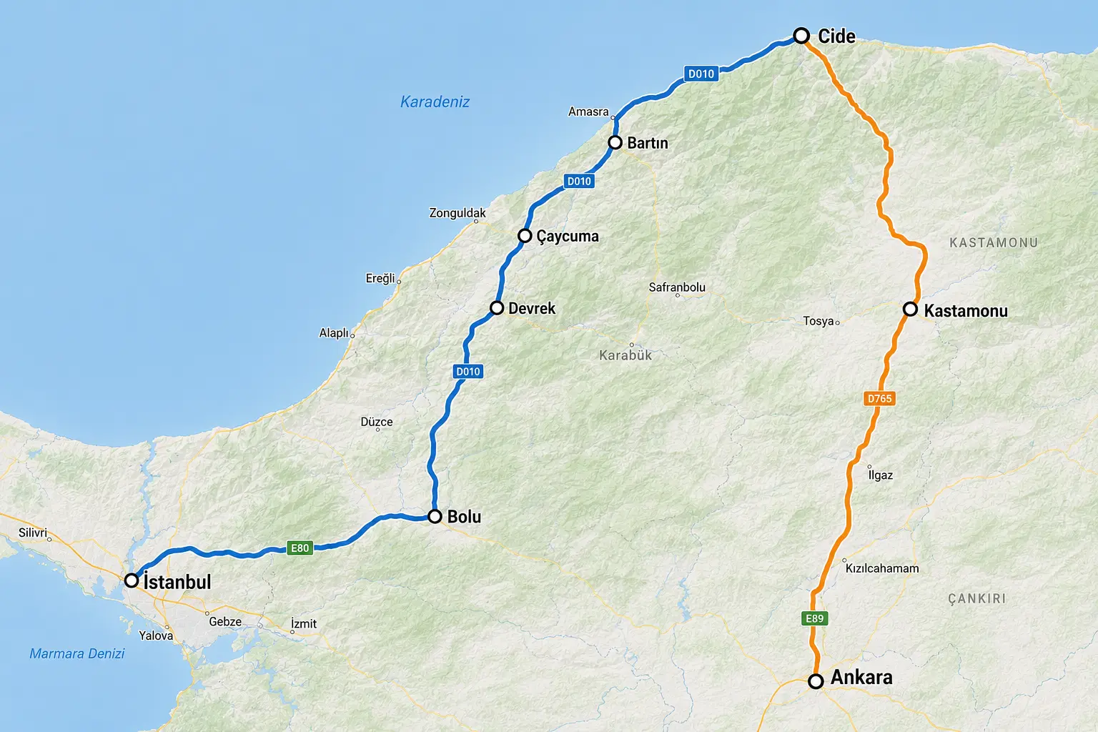 Cide'ye giden Karadeniz sahil yolu güzergahı