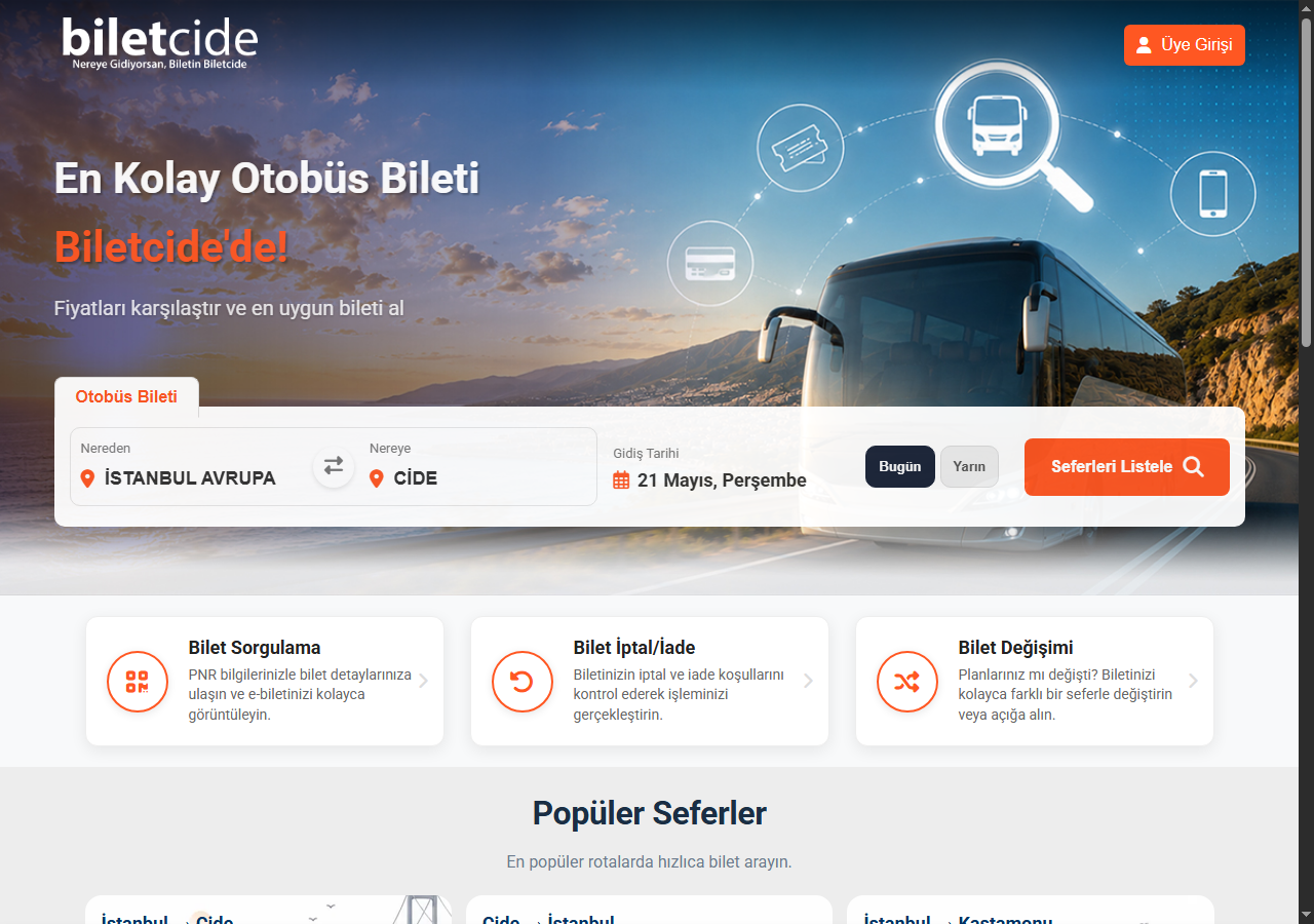 Biletcide.com ana sayfa arama formu — nereden nereye tarih seçimi