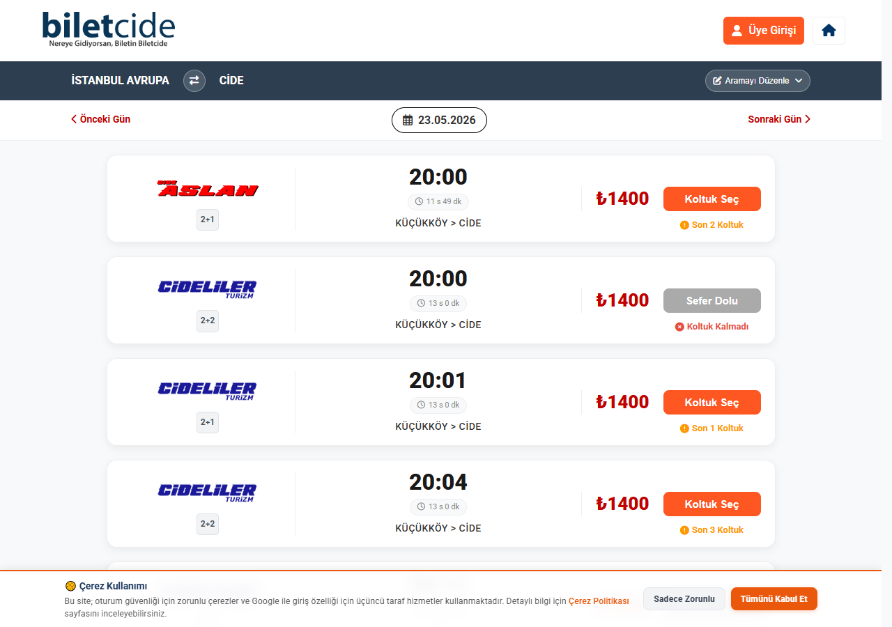 Biletcide.com sefer listesi — Cide Aslan ve Cideliler otobüs seferleri