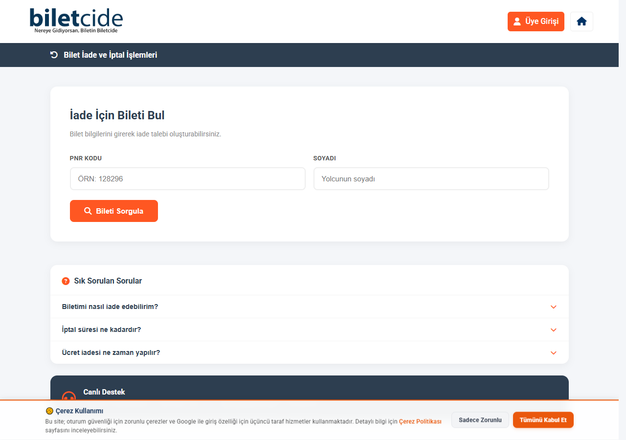 Biletcide.com bilet iade ve iptal işlemleri sayfası