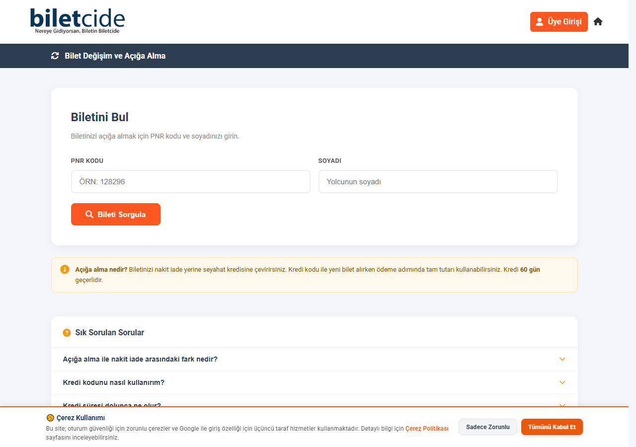 Biletcide.com bilet değişim ve açığa alma sayfası